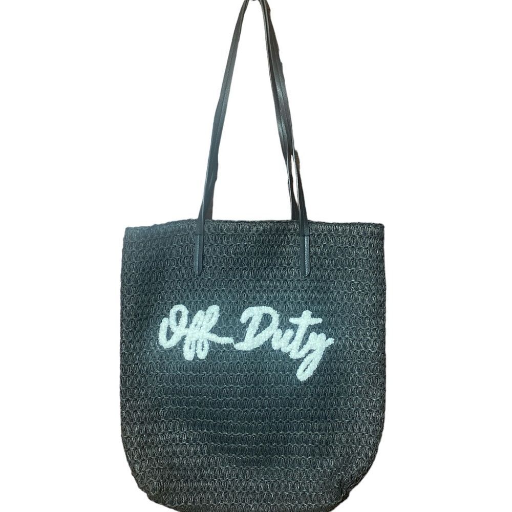 Off Duty Graphic Large Woven Straw Shoulder Tote Black Summer Beach Bag
